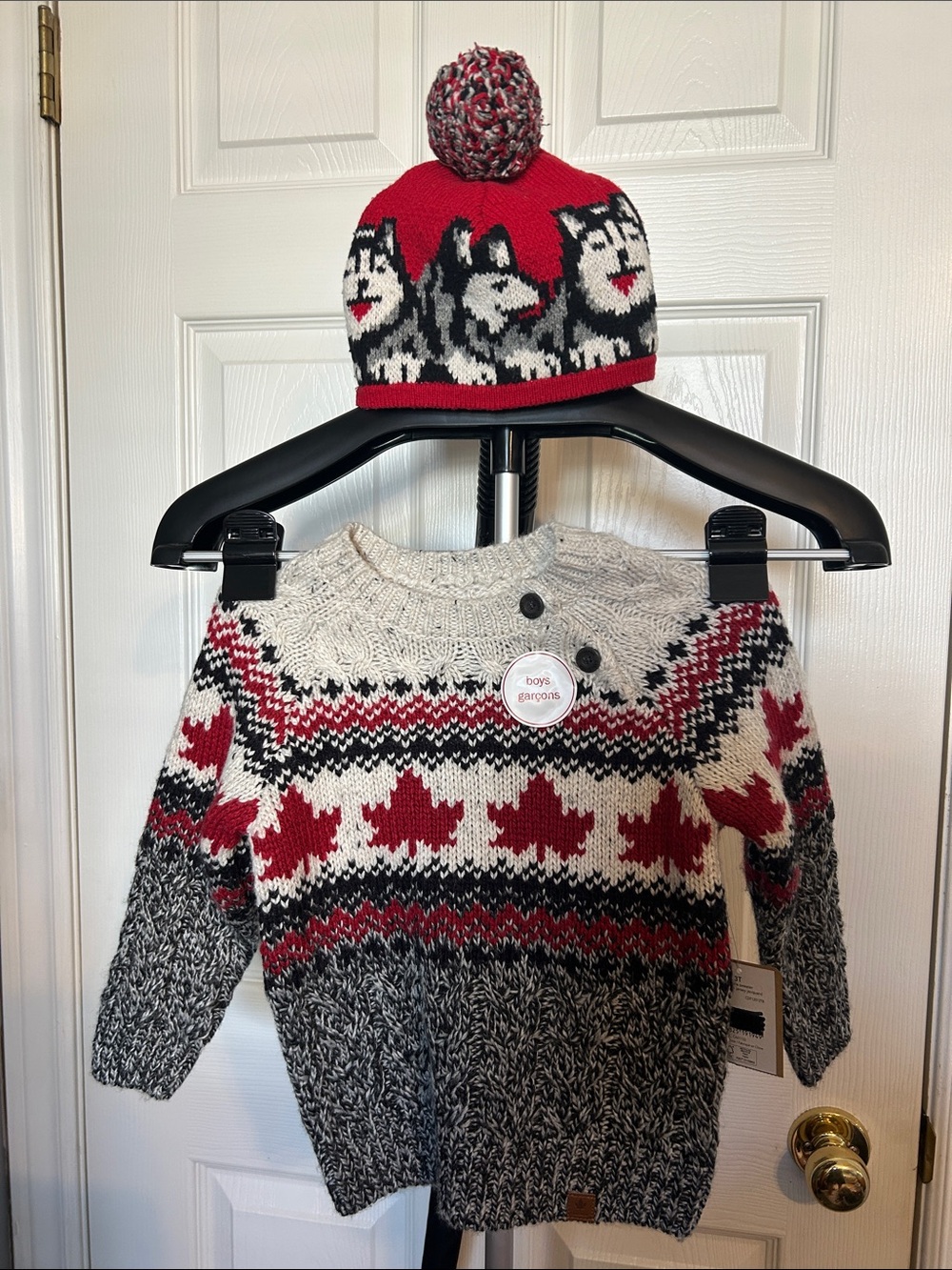 Boys Red & Gray Husky Knit Sweater Set with Pom Pom Hat
